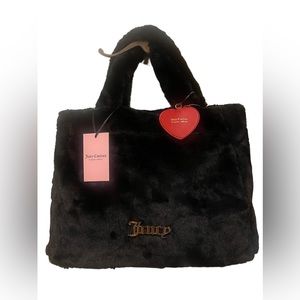 Viral Juicy Couture Super Soft Black Faux Fur Logo Tote Satchel Hangbag
